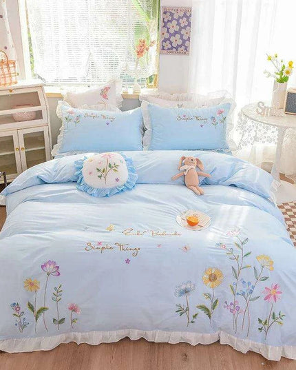 Pastoral Elegance: Embroidered Floral Cotton Bedding Set with Ruffled Details - Duvet Cover, Flat & Fitted Sheets, Pillowcases