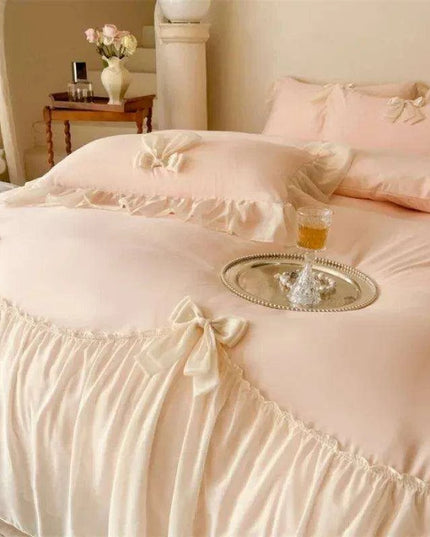Elegant French Lace Ruffled Duvet Cover Set - Luxurious Bedding Ensemble with Bow Accents, Soft Sheets and Pillowcases