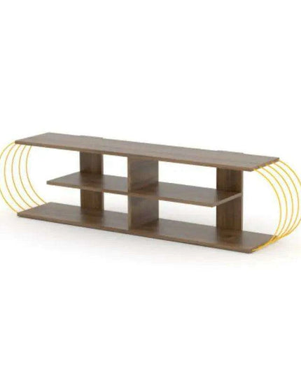 Retro-Inspired 68-Inch Walnut and Yellow Media Stand with Open Shelves by FurnisHome