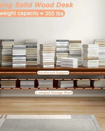 63" Elegant Mid Century Modern Solid Wood Office Desk with Storage Shelf - Walnut Finish