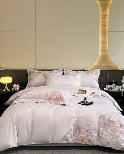 Elegant Floral Embroidery Cotton Bedding Collection - 4-Piece Duvet Cover Set with Sheets and Pillowcases in Soft Pink, Gray, and Blue