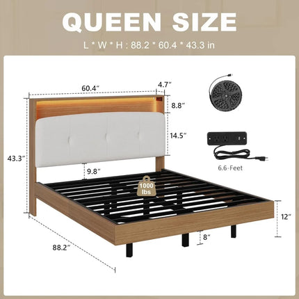 Floating Queen Bed Frame w/ LED Lights & Charging Station, Wood Platform, No Box Spring Needed, Walnut floating-queen-bed-frame-w-led-lights-charging-station-wood-platform-no-box-spring-needed-walnut-1