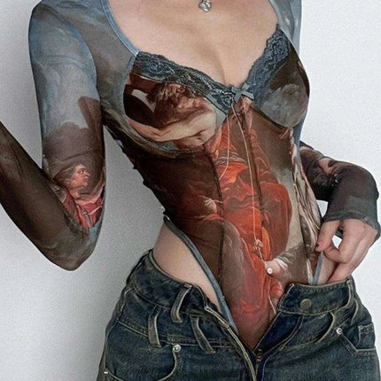 Vintage-Inspired Sheer Long Sleeve Bodysuit with Elegant Square Neckline and Bustier Detailing