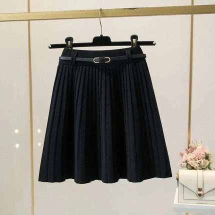 High Waist Pleated Mini Skirt - Korean-Inspired A-Line Knitted Solid Skirt with Belt