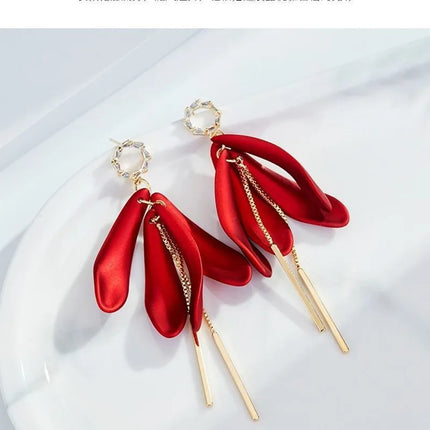 Honeypotson SU-SU Rose Petal Long Earrings - Elegant Red Design