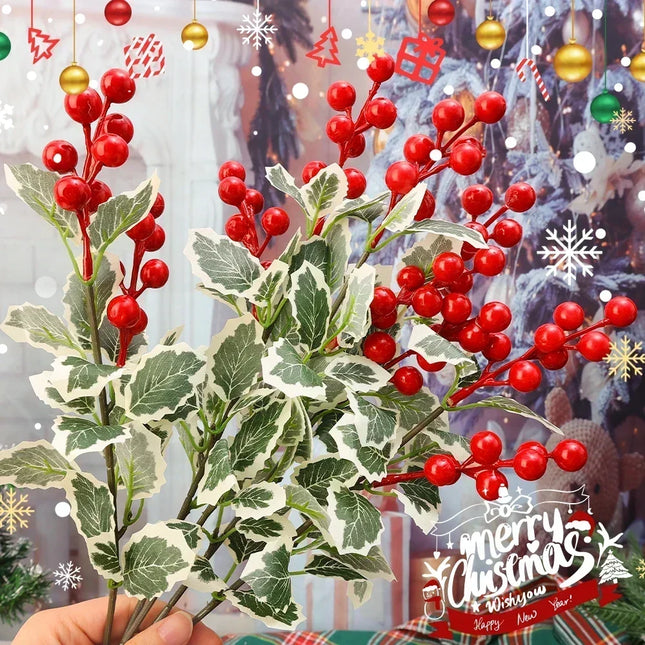 Artificial Red Berry & Cream-Edged Holly Branches, 45 cm