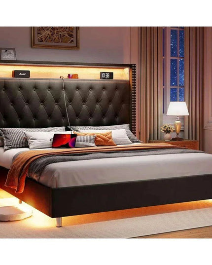 Luxurious King Bed Frame with LED Mood Lighting and Built-in Charging Station