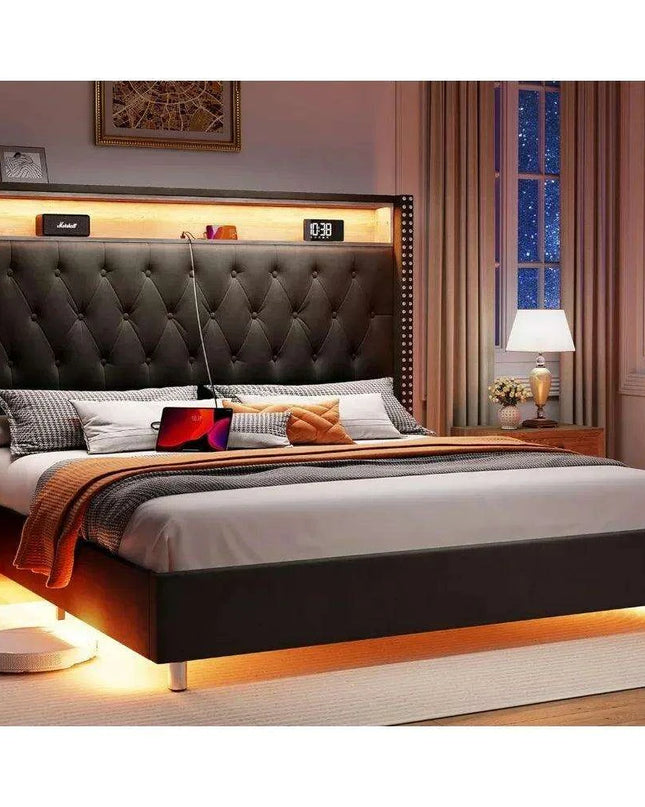 Luxurious King Bed Frame with LED Mood Lighting and Built-in Charging Station