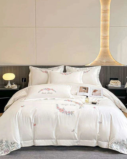 Elegant Floral Embroidered Egyptian Cotton Bedding Collection - Duvet Cover, Bed Sheet & Pillowcases in Soft Pastels