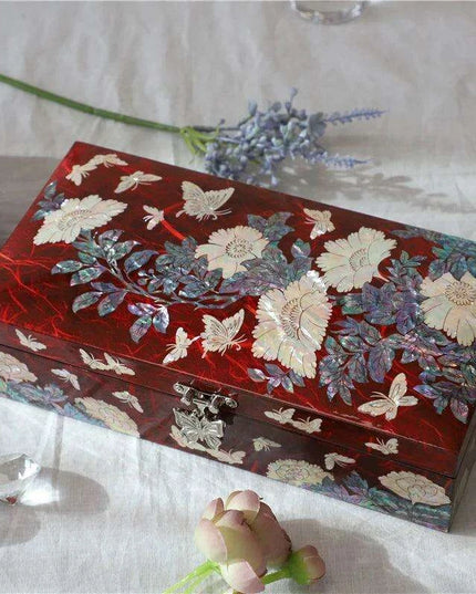 Lacquered Mother of Pearl Butterfly Jewelry Box with Abalone Shell - Handmade Keepsake for Women