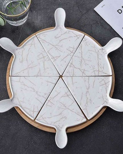 Elegant Stone-Textured Ceramic Cake Serving Set with Bamboo Tray