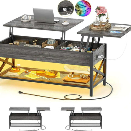 Modern Lift-Top Coffee Table with LED Lighting, USB Ports, and Smart Storage Solutions