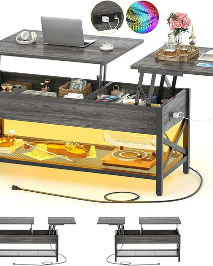 Modern Lift-Top Coffee Table with LED Lighting, USB Ports, and Smart Storage Solutions
