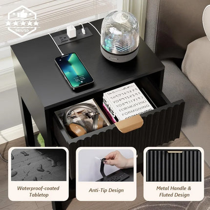 Nightstand Set 2, Fluted Bedside Table with Charging Station, Wood End Table with Drawer & Shelf, Black nightstand-set-2-fluted-bedside-table-with-charging-station-wood-end-table-with-drawer-shelf-black