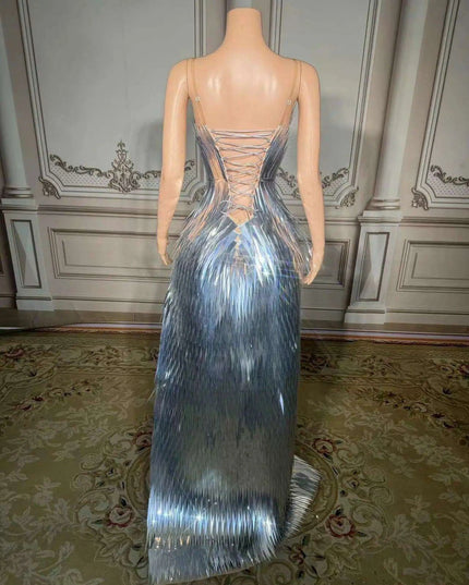 Stunning Silver Sequin Mermaid Gown with Deep V Neck and High Side Slit for Glamorous Nights