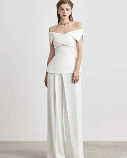 Summer 2-Piece Set with Off-Shoulder Neckline and Cross-Back Design - Pleated Jacket & Flowing Pants