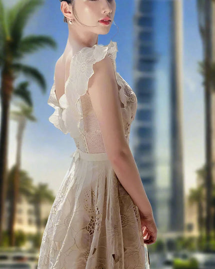 Embroidery Hollow V-Neck Lace Dress