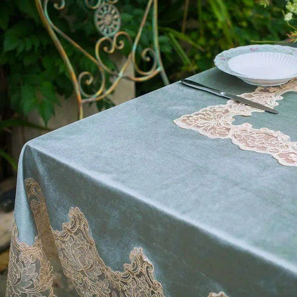 Elegant White Gold Velvet Tablecloth with Lace Accents - Sophisticated Dining Room Décor