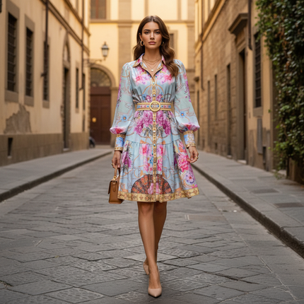 Vintage Palace Evening Dress with Sashes & Button Print