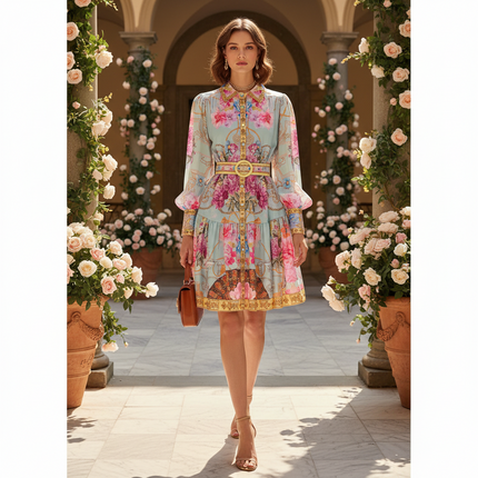 Vintage Palace Evening Dress with Sashes & Button Print