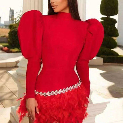 Glamorous Diamond & Feather Bubble Sleeve Bodycon Mini Dress - Dazzling Elegance