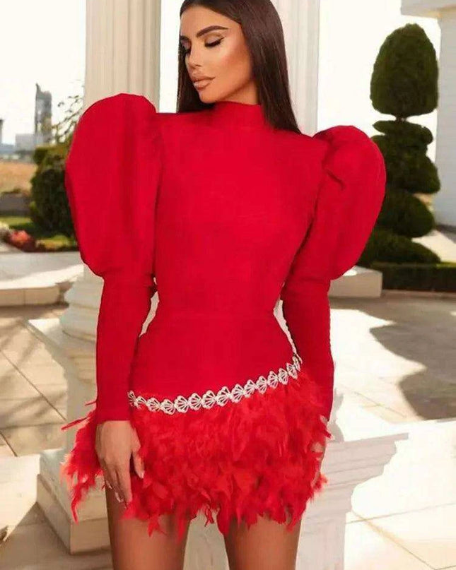Glamorous Diamond & Feather Bubble Sleeve Bodycon Mini Dress - Dazzling Elegance