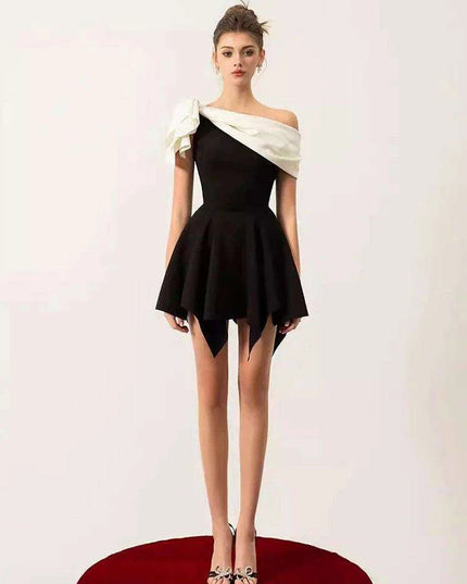 Chic Contrast Color Bowknot Mini Dress with Irregular Slash Neck for Women - DEAT Summer Collection 2024