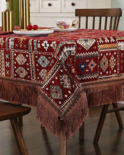 Bohemian Chic Embroidered Table Cover with Trendy Tassels