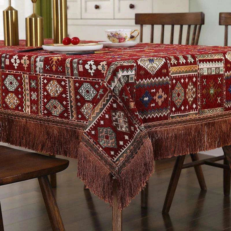 Bohemian Chic Embroidered Table Cover with Trendy Tassels