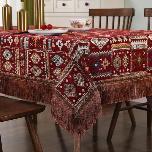 Boho Chic Embroidered Tablecloth with Tassel Detail for Elegant Dining Décor