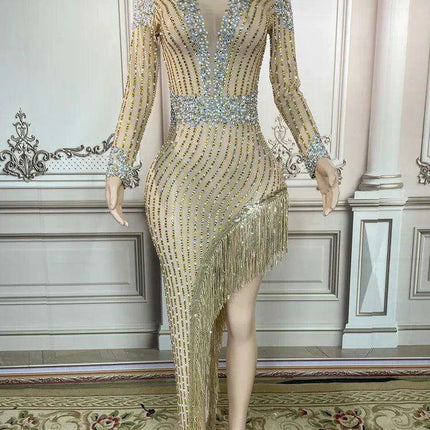 Glamorous Golden Diamond Tassel Evening Gown for Unforgettable Nights in Dubai and Saudi Arabia