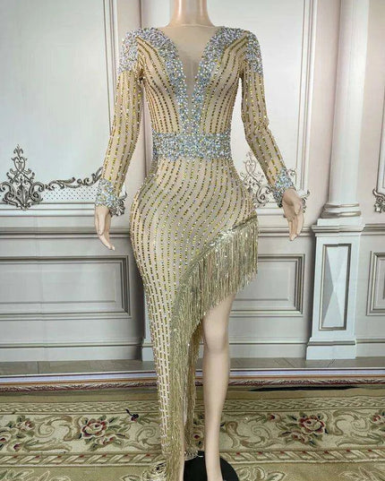 Glamorous Golden Diamond Tassel Evening Gown for Unforgettable Nights in Dubai and Saudi Arabia