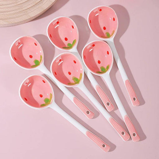 Strawberry Dreams Ceramic Soup Ladle with Hand-Painted Cartoon Patterns