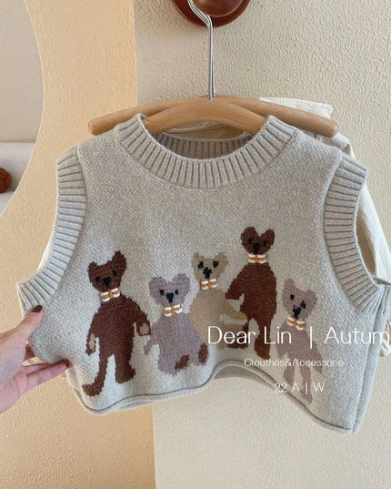 Charming 3-Piece Girls' Outfit Set: Knitted Vest, Lace Collar Blouse, and Pleated Skirt for Infants