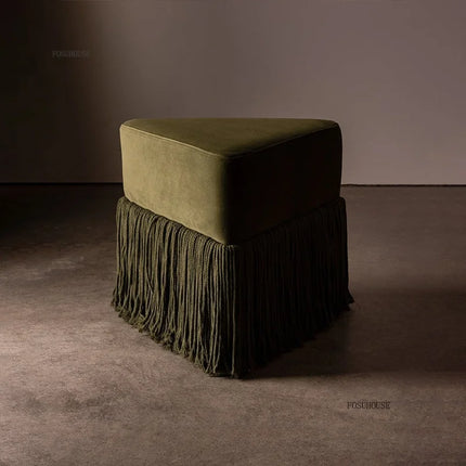 Velvet Ottoman Footstool — Upholstered Fringe Bench & Shoe Stool