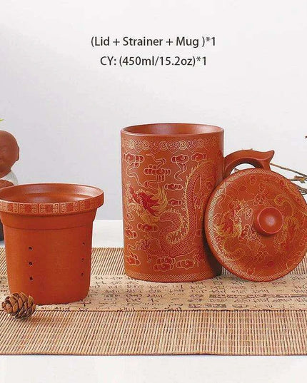 Handcrafted Purple Clay Dragon Teacup with Strainer & Lid - Unique Yixing Zisha Mug