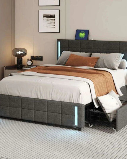 Luxurious Queen Bed with Smart LED Lighting, USB Charging, and Spacious Storage Options