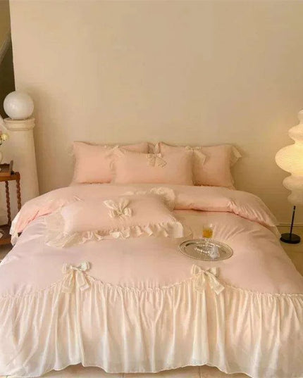 Elegant French Lace Ruffled Duvet Cover Set - Luxurious Bedding Ensemble with Bow Accents, Soft Sheets and Pillowcases