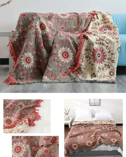 Reversible Jacquard Cotton Sofa Throw Blanket with Non-Slip Design