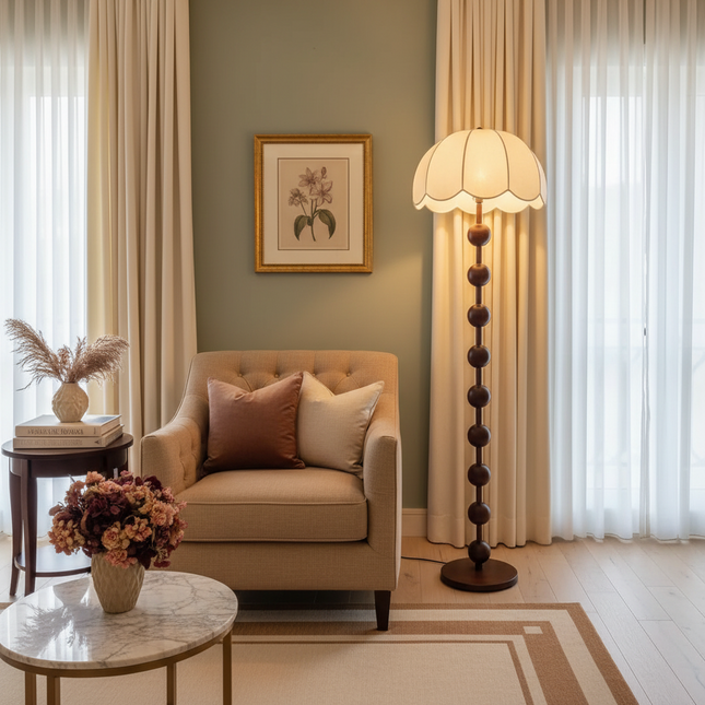 Glowpro Vintage Beaded Floor Lamp with Umbrella Shade, E27 Socket