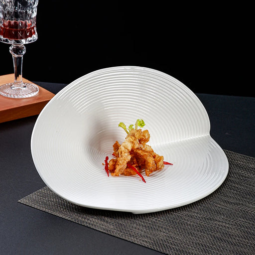 European White Striped Ceramic Dinner Plate with Irregular Shape for Elegant Dining