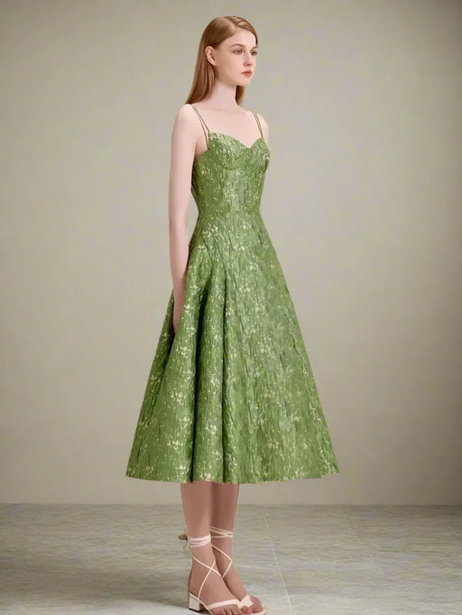 Green A-line Jacquard Slip Dress - Elegant Summer Ball Gown for Women