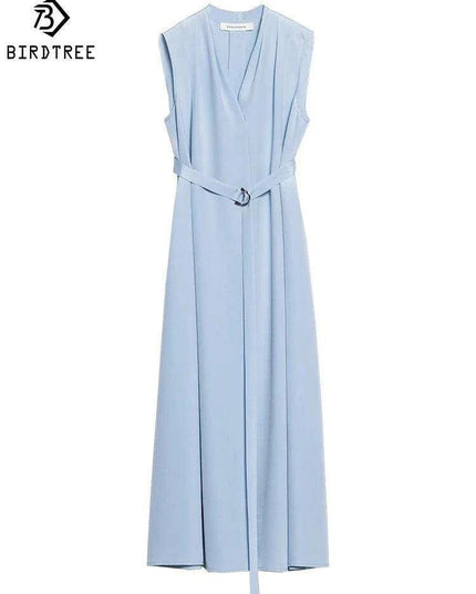 Chic Sleeveless Silk V-Neck Dress with Pleated Waistband Design