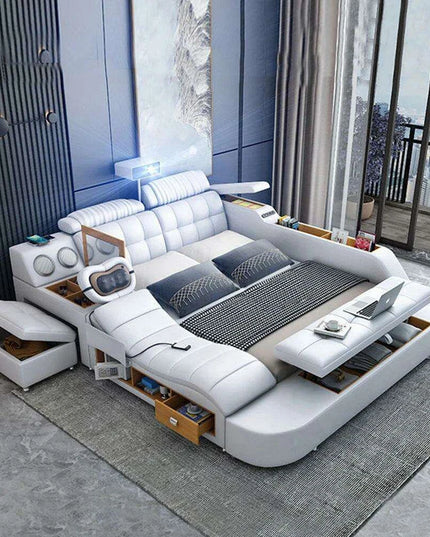 Elegant Tech-Enhanced King-Size Leather Bed with Massage and Multimedia Features