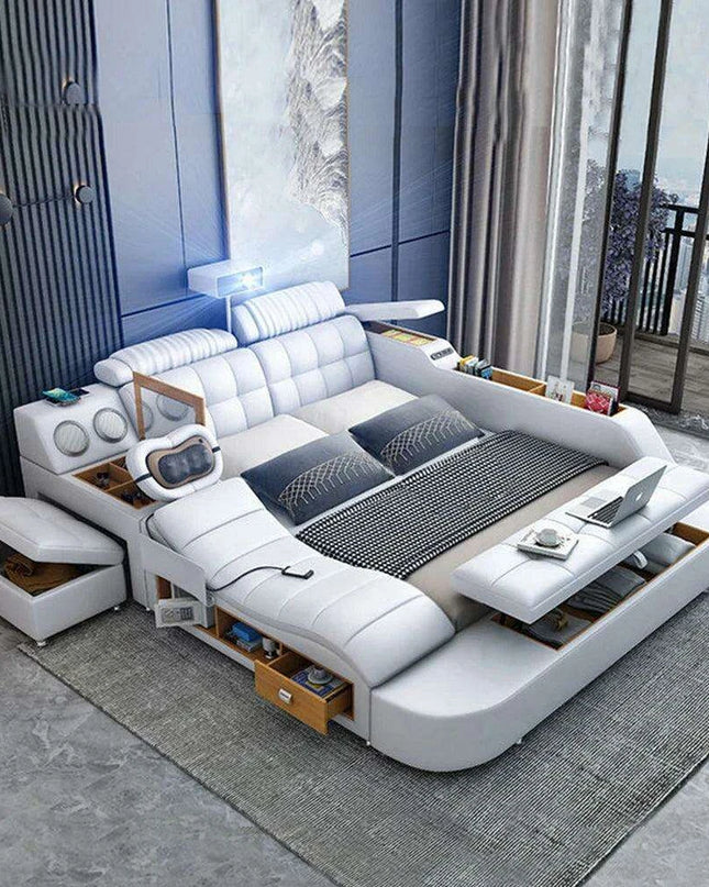 Elegant Tech-Enhanced King-Size Leather Bed with Massage and Multimedia Features