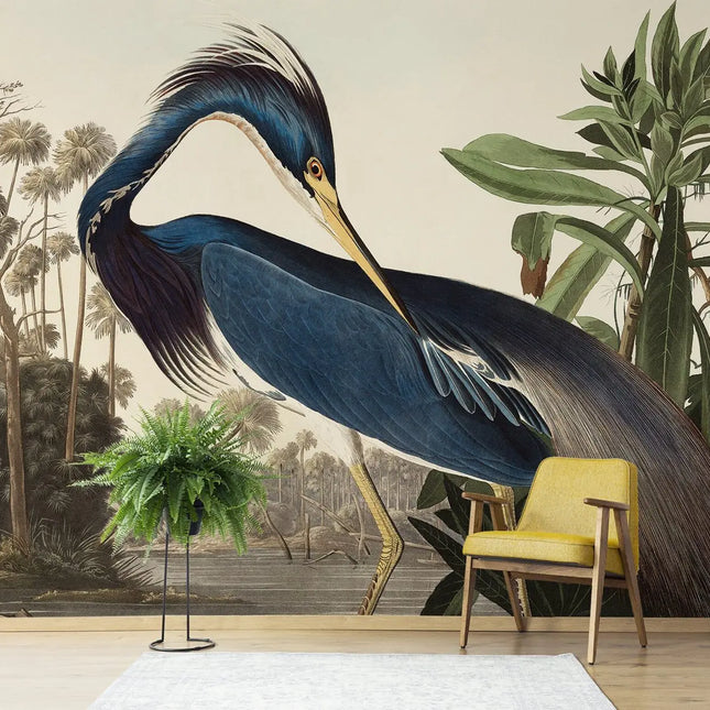 WallWonders Vintage Blue Heron Wallpaper Mural - Large Retro Bird Prin