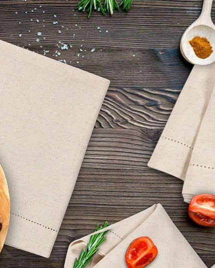 Set of 6 Luxurious Hemstitched Linen Napkins with Nature-Inspired Motifs - Flax Fabric for Elegant Dining