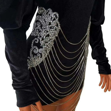 Elegant Custom-Fit Black Velvet Dress with Dazzling Silver Rhinestones