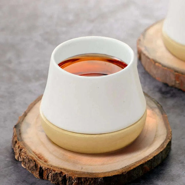 Elegant Porcelain Tea Mug Set with Chic Wooden Coasters - Perfect for Kung Fu Tea, Coffee, and Wine, Available in Single, Double, or Quad Sets