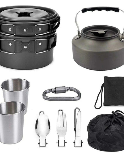 All-in-One Portable Camping Cookware Set with Non-Stick Cookware, Kettle, and Collapsible Utensils for Outdoor Adventures